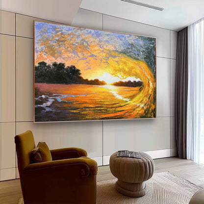 Vibrant Sunset Wave Oil Painting - Hyperrealistic Seascape Art for Home Decor