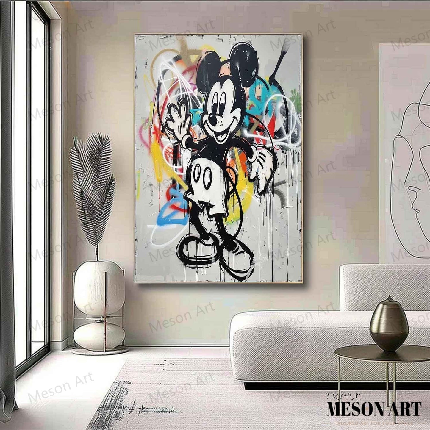 Vibrant Mickey Mouse Abstract Graffiti Oil Painting for Contemporary Home Decor