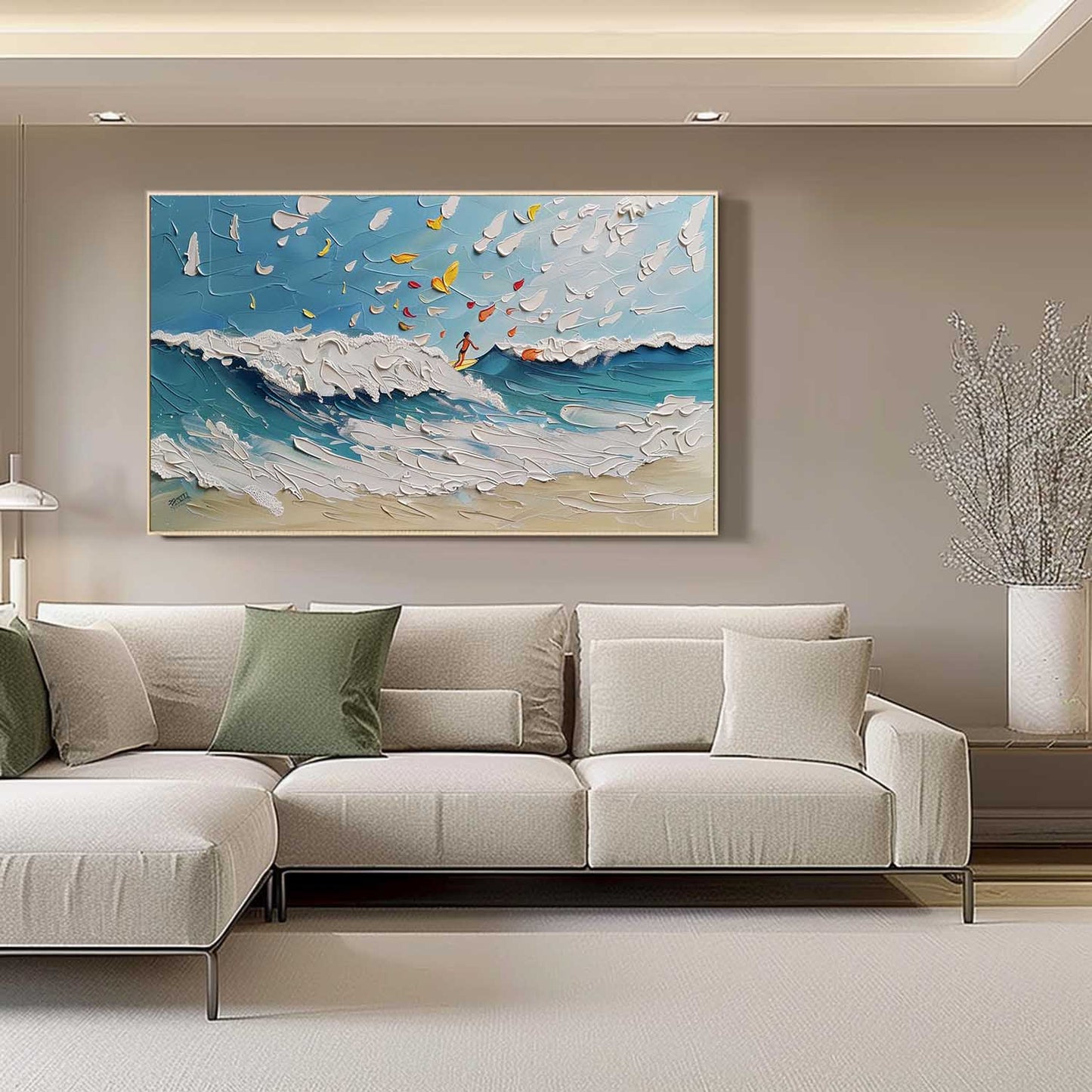Dynamic Ocean Waves Oil Painting with Surfer and Whimsical Clouds