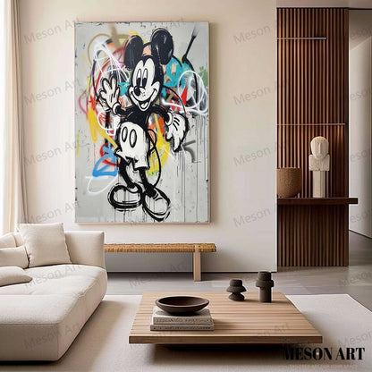 Vibrant Mickey Mouse Abstract Graffiti Oil Painting for Contemporary Home Decor