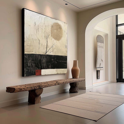 Serene Abstract Oil Painting with Minimalist Landscape and Earthy Tones Decor