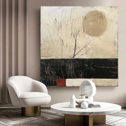 Serene Abstract Oil Painting with Minimalist Landscape and Earthy Tones Decor