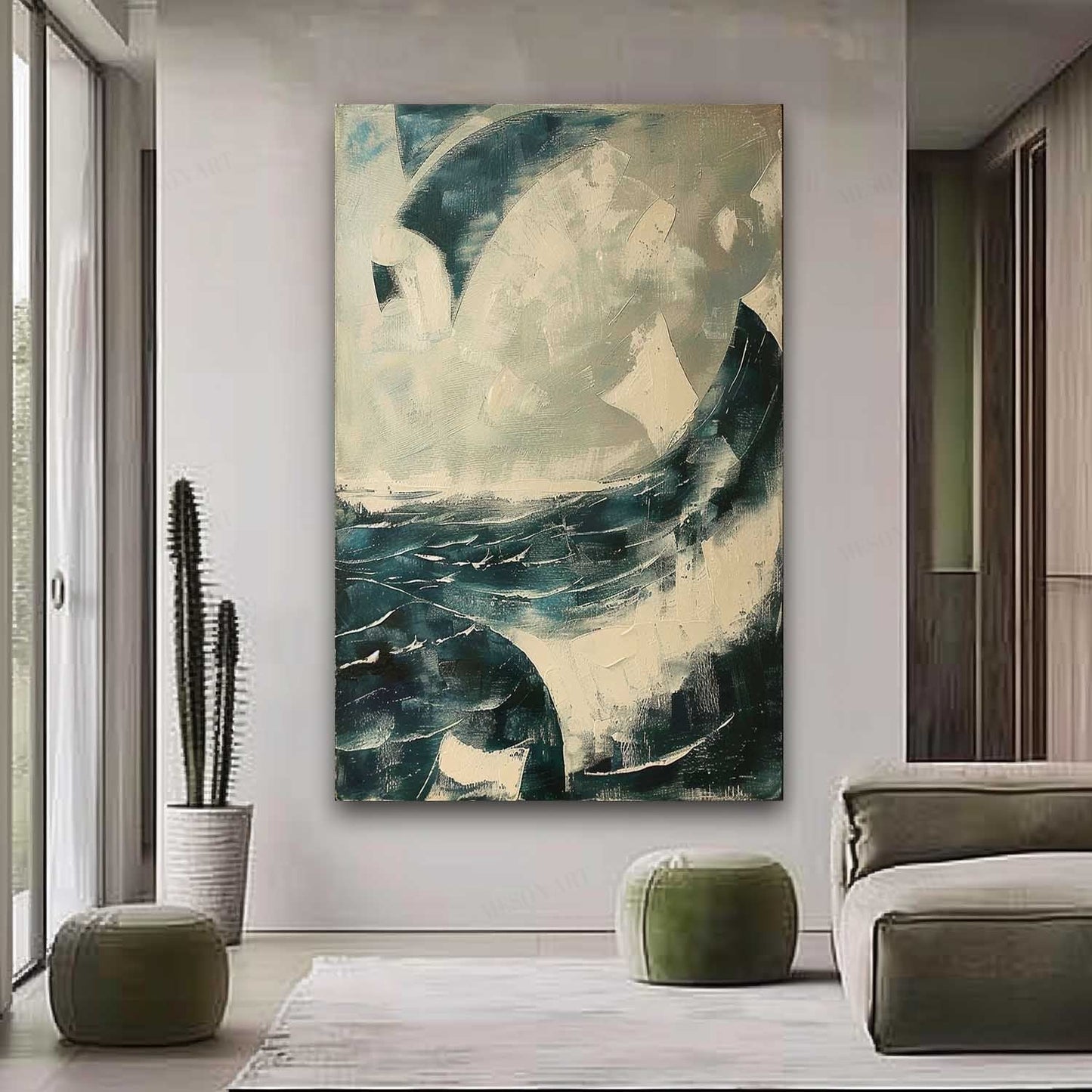 Abstract Ocean Waves Oil Painting with Textured Brushwork for Modern Decor