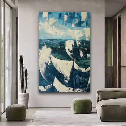 Vibrant Abstract Ocean Waves Oil Painting with Textured Plaster Finish