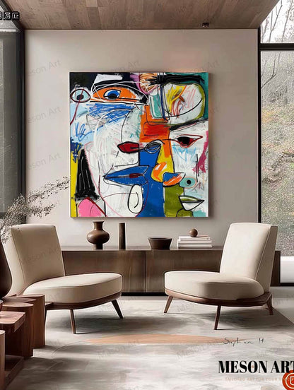 Colorful Abstract Faces Oil Painting for Modern Art Decor