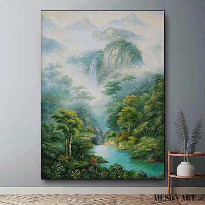 Serene Landscape Oil Painting of Lush Forest and Tranquil Waterfall in Hyperrealistic Style