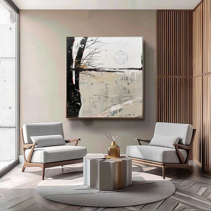 Serene Abstract Landscape Oil Painting with Moonlit Reflection and Minimalist Style