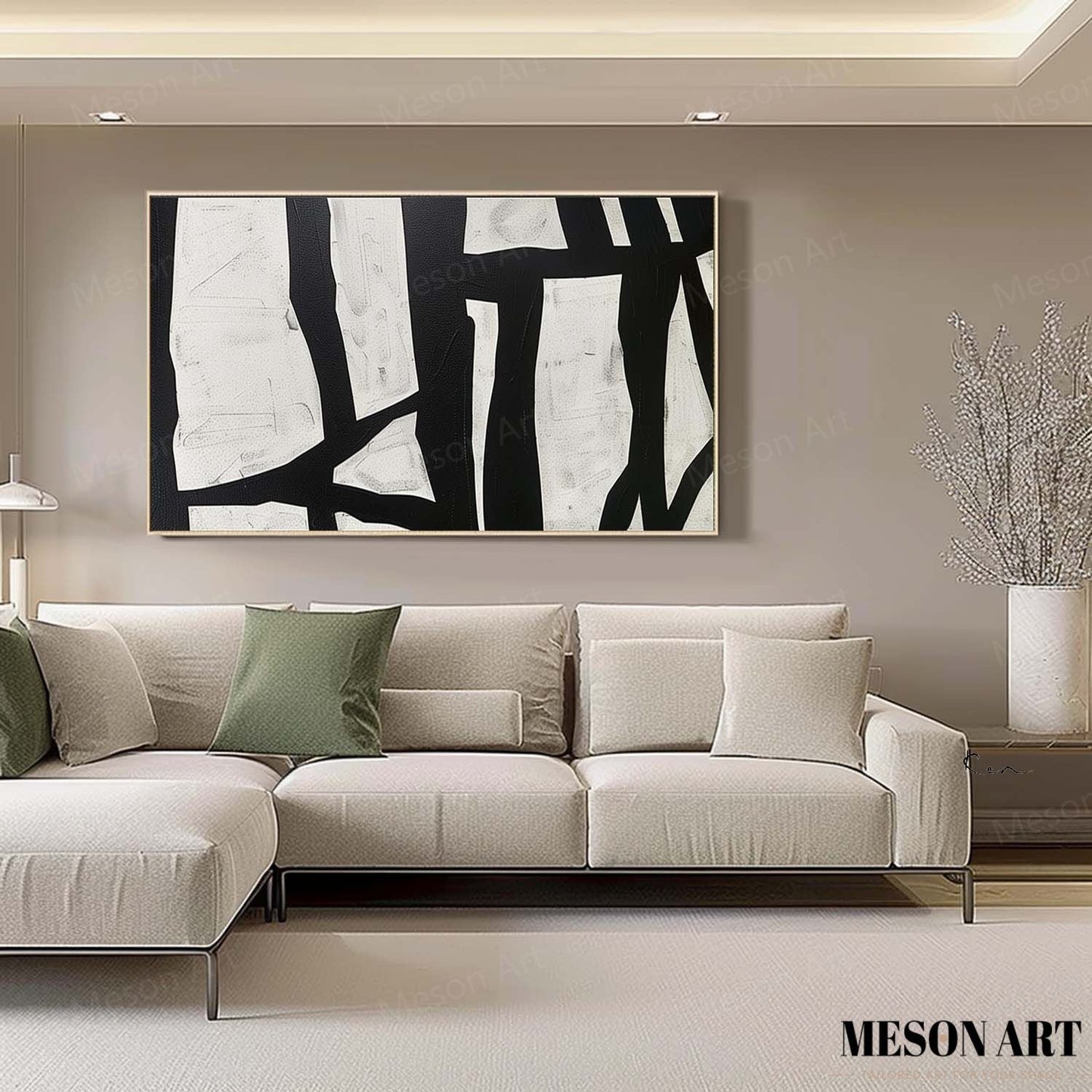 Abstract Black and White Minimalist Oil Painting for Modern Home Decor