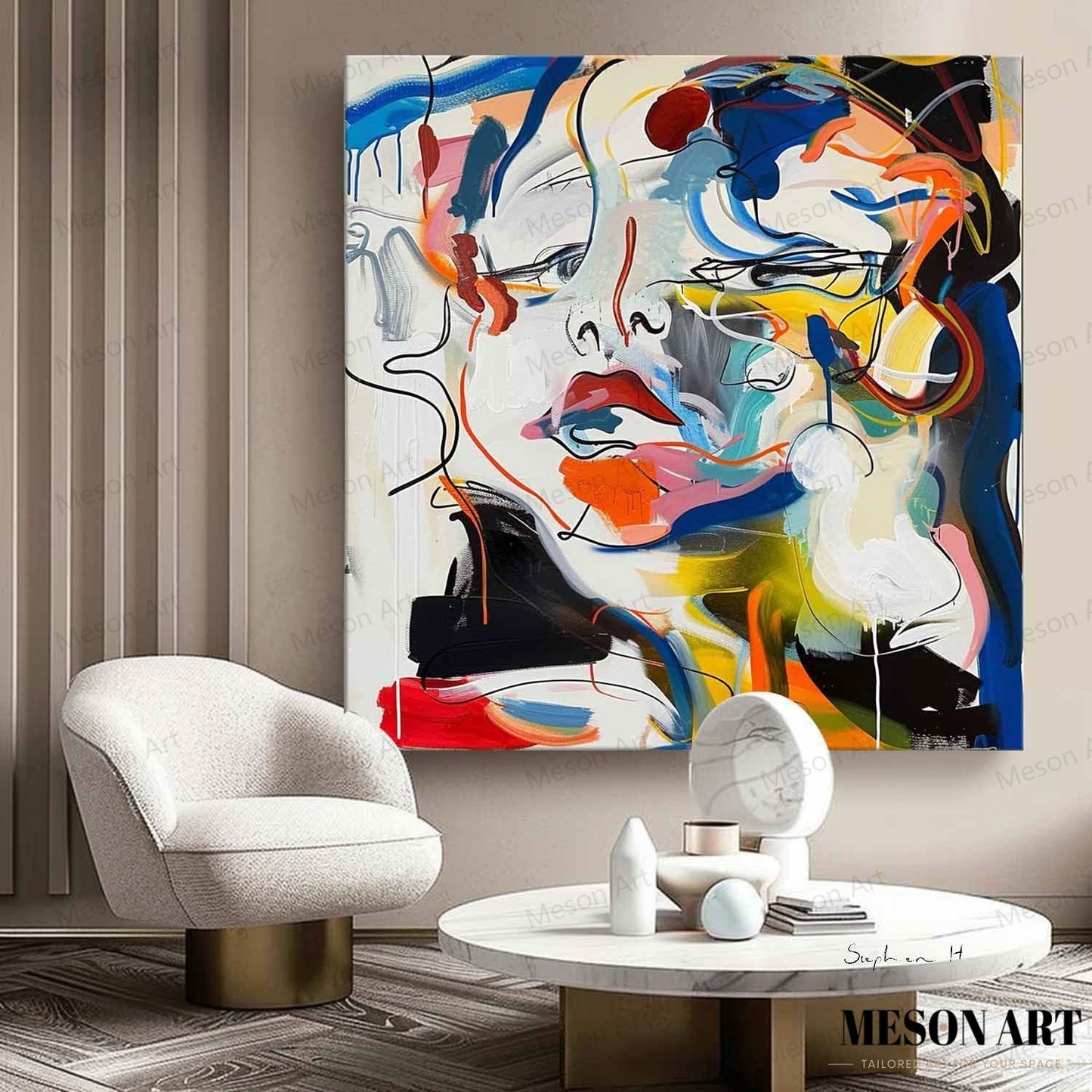 Vibrant Abstract Portrait Painting with Dynamic Colors and Expressive Brush Strokes