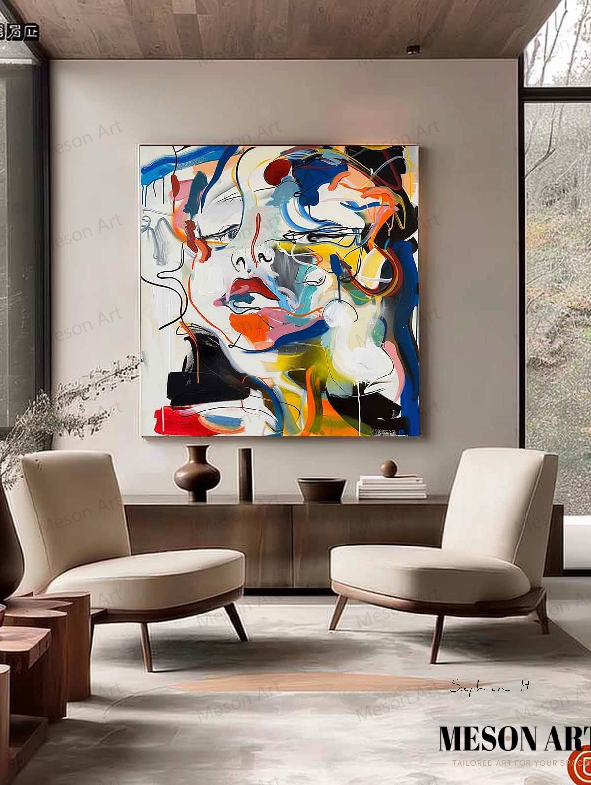 Vibrant Abstract Portrait Painting with Dynamic Colors and Expressive Brush Strokes