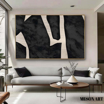 Abstract Black and White Minimalist Oil Painting for Modern Home Decor