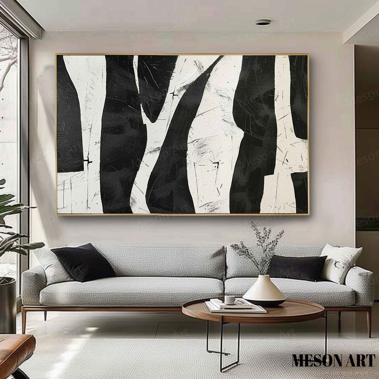 Abstract Black and White Minimalist Oil Painting for Modern Home Decor