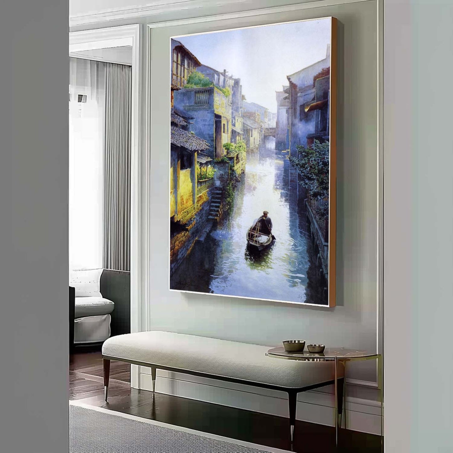Tranquil Waterway: Stunning Hyperrealistic Oil Painting of a Serene Canal Scene