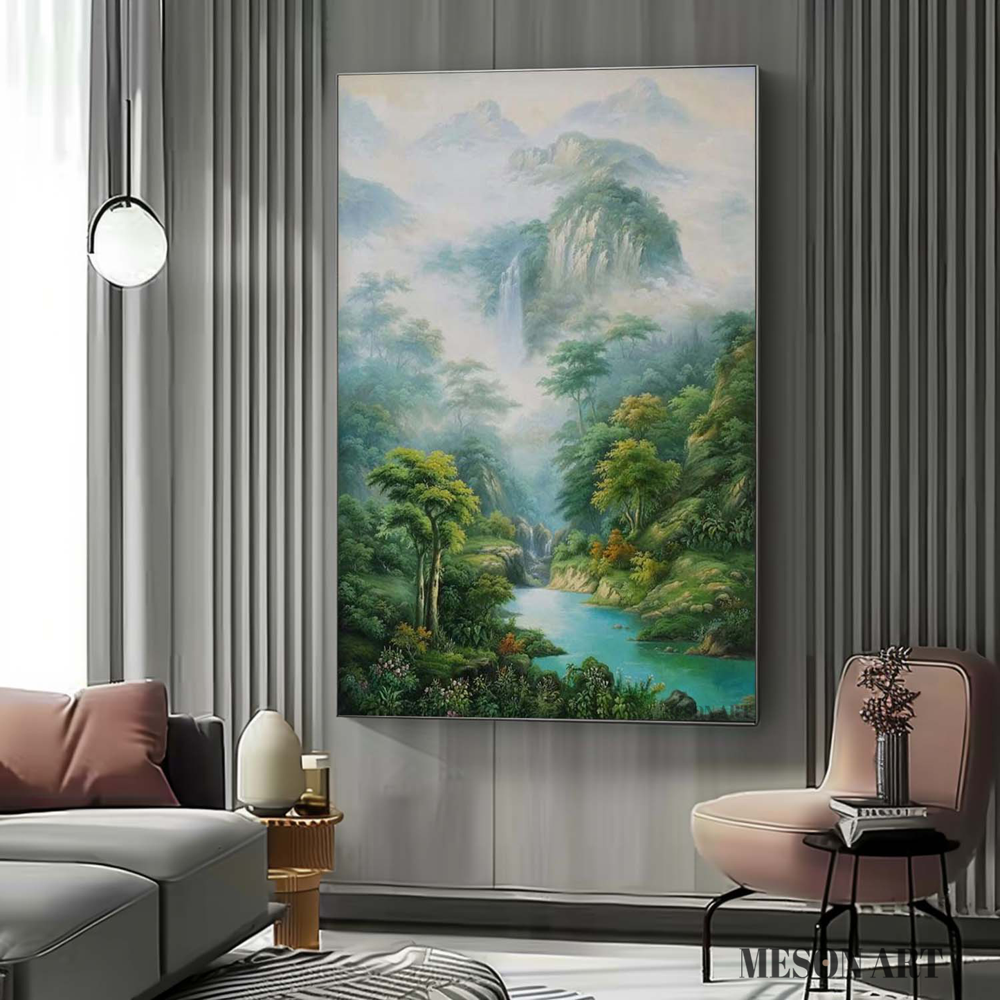 Serene Landscape Oil Painting of Lush Forest and Tranquil Waterfall in Hyperrealistic Style