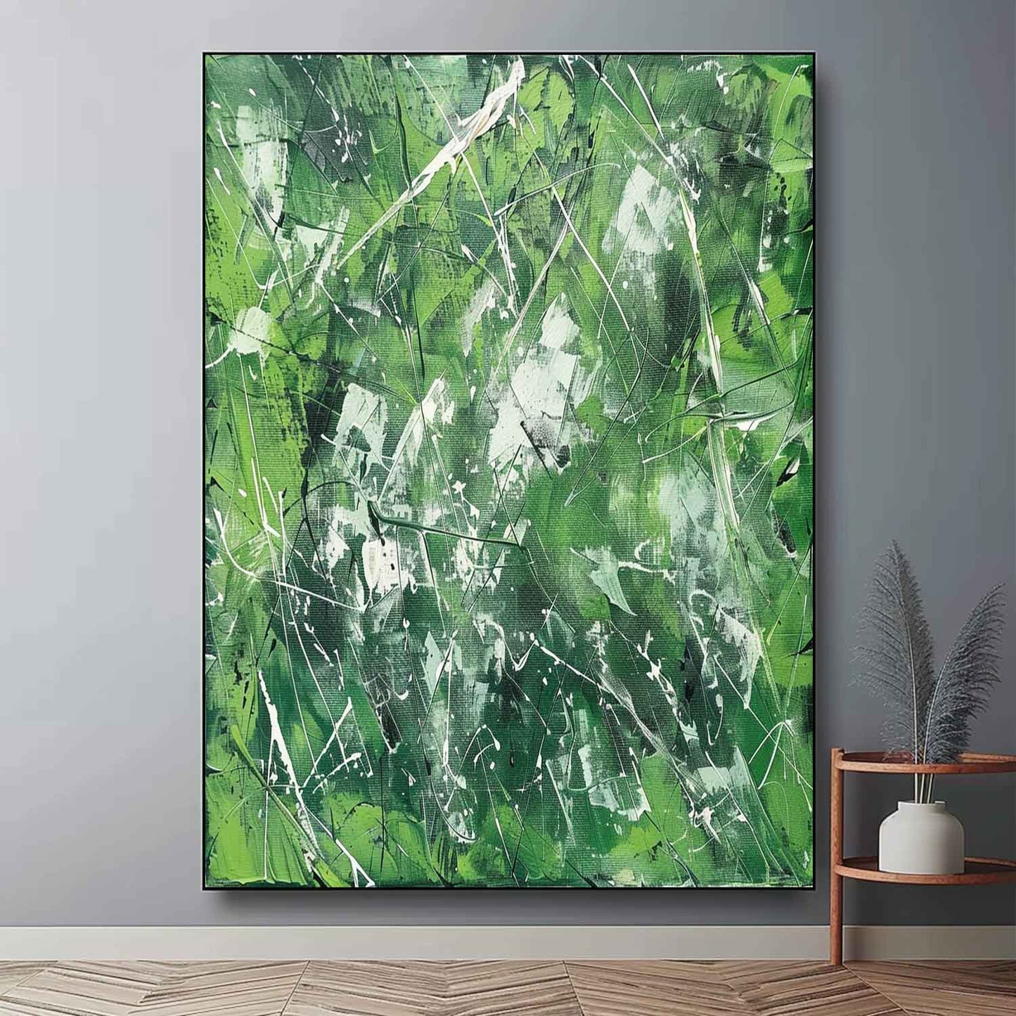 Vibrant Green Abstract Expressionism Oil Painting for Modern Home Decor