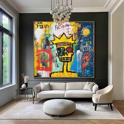 Vibrant Abstract Graffiti Painting with Skull and Crown Motif Perfect for Modern Decor