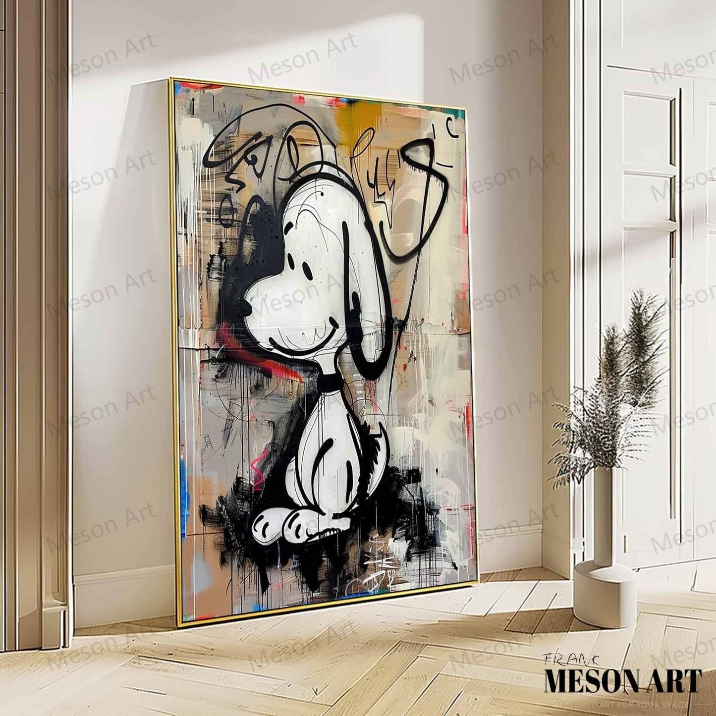 Whimsical Abstract Dog Portrait in Vibrant Graffiti Style Oil Painting