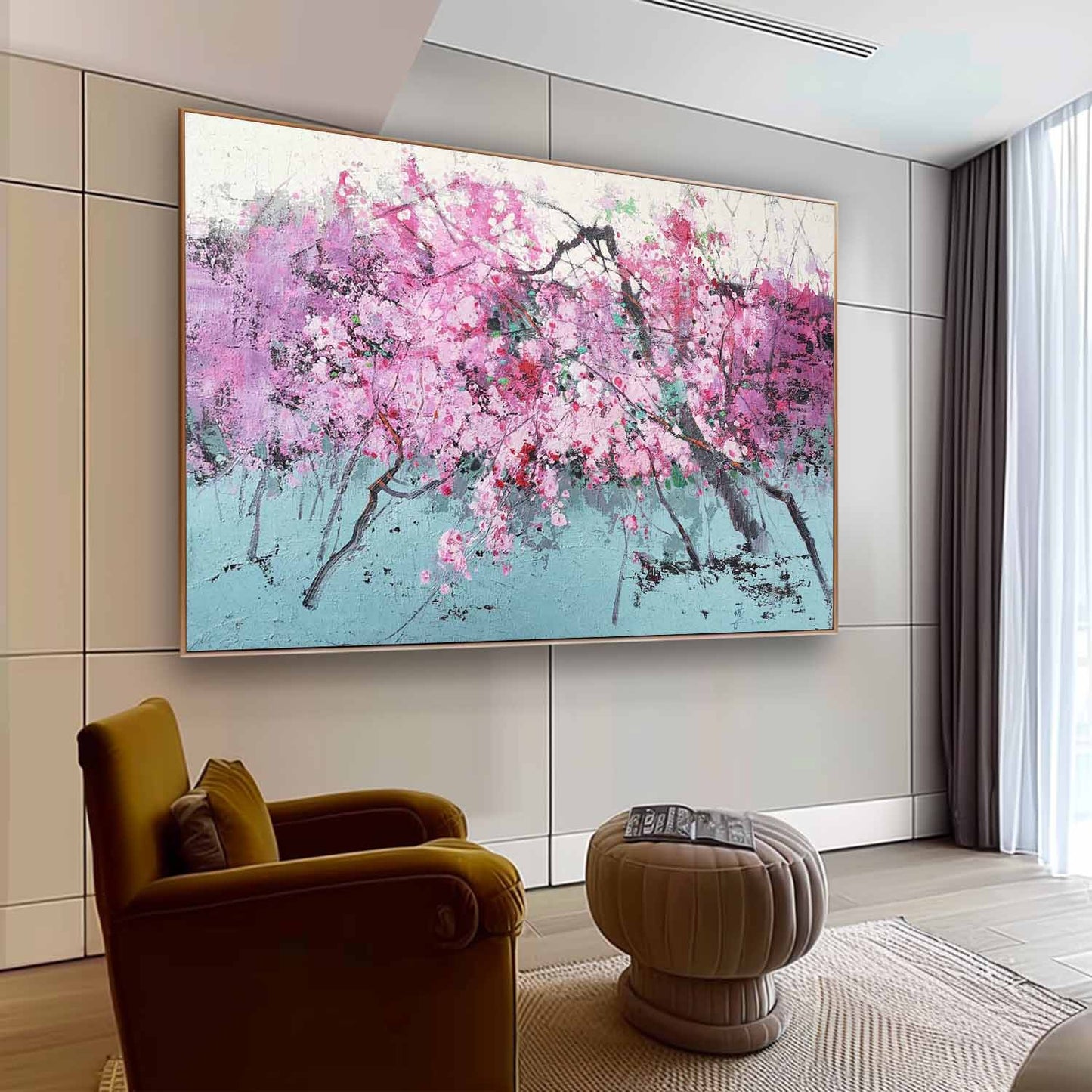 Vibrant Pink Blooms in Abstract Landscape - Stunning Oil Painting for Home Décor