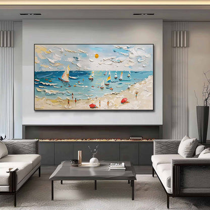 Vibrant Coastal Scene: Sailboats, Beachgoers, and Texture in Oil Painting