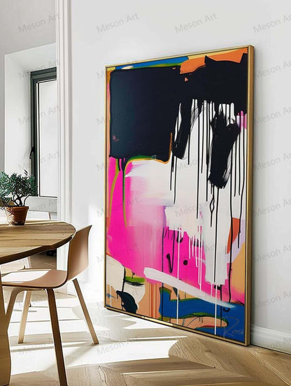 Vibrant Abstract Oil Painting with Dripping Colors for Modern Home Decor