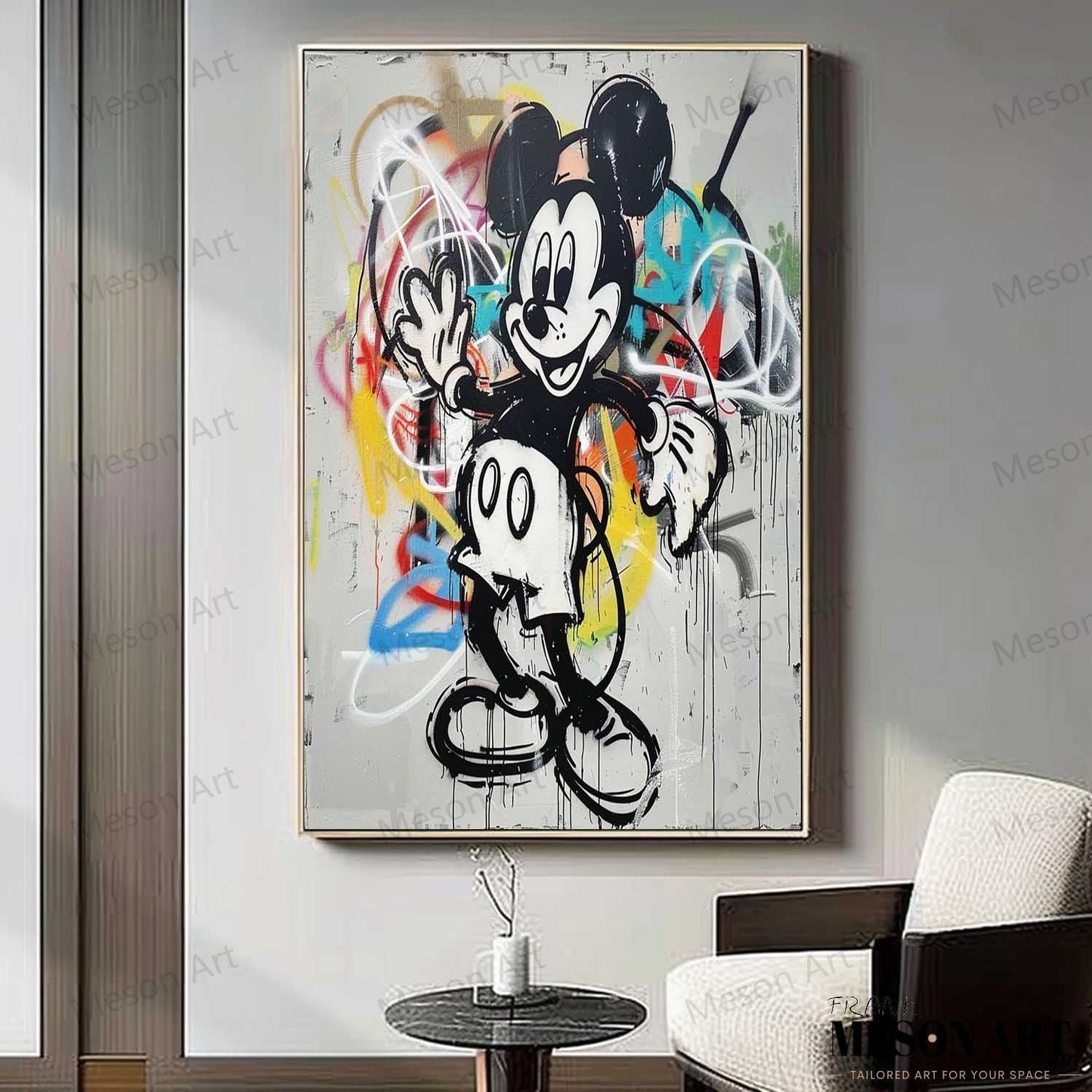 Vibrant Mickey Mouse Abstract Graffiti Oil Painting for Contemporary Home Decor