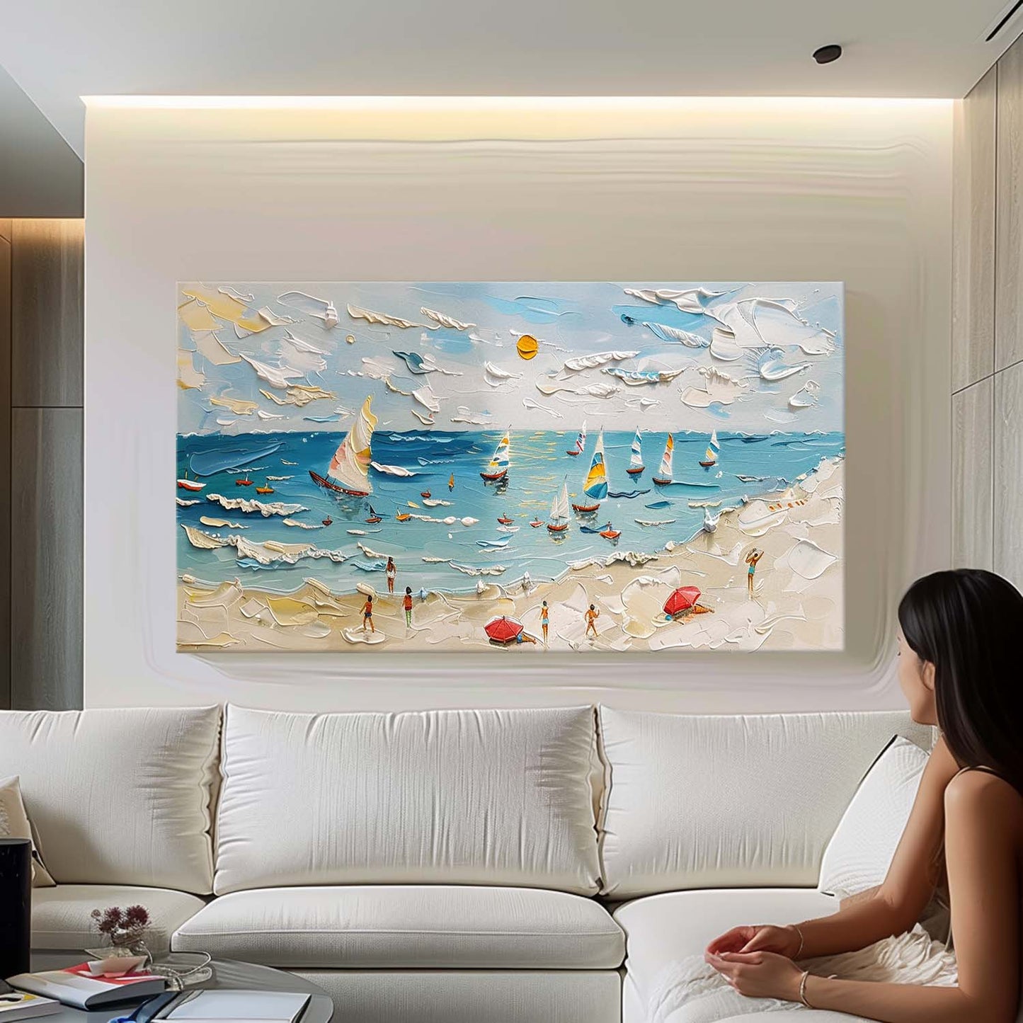 Vibrant Coastal Scene: Sailboats, Beachgoers, and Texture in Oil Painting