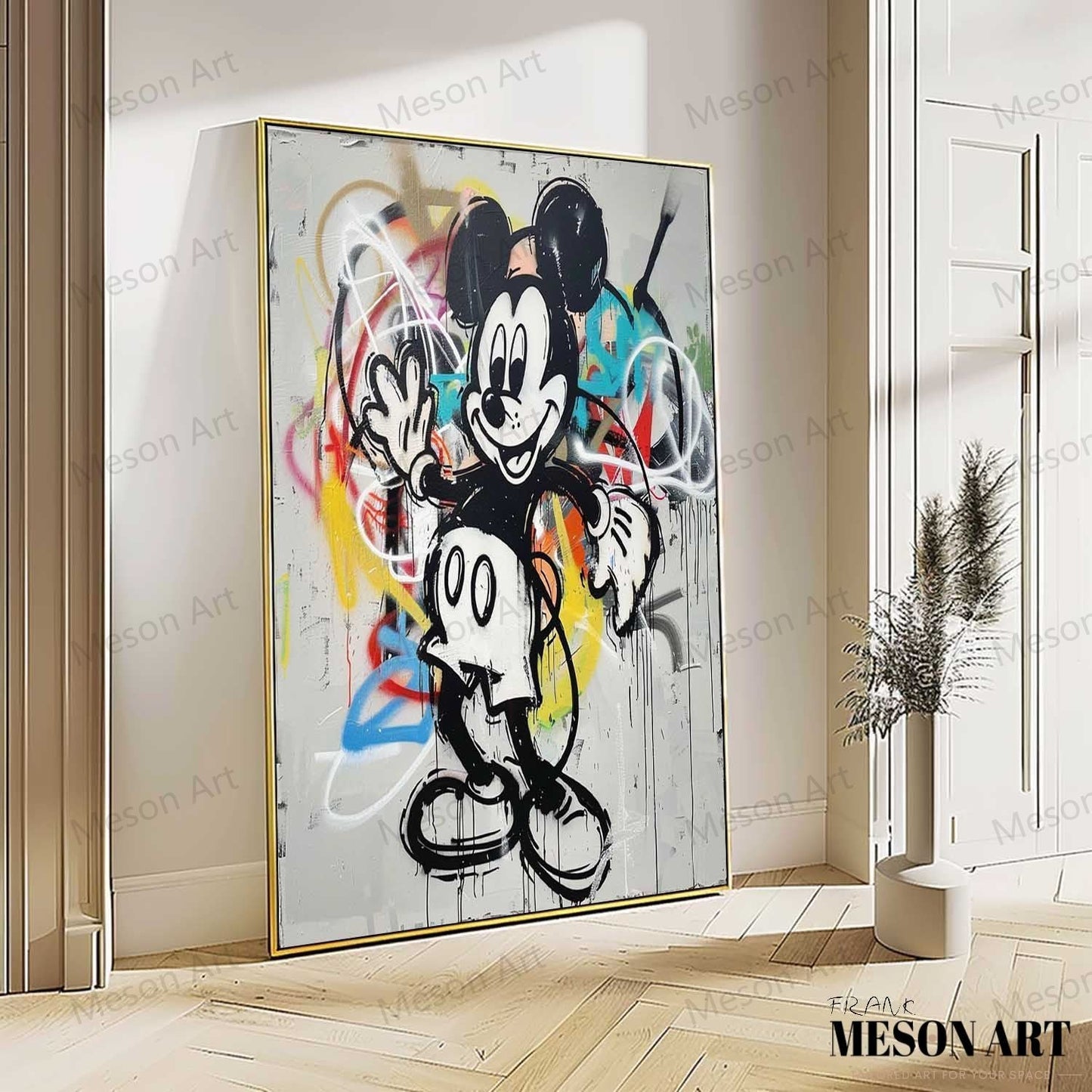 Vibrant Mickey Mouse Abstract Graffiti Oil Painting for Contemporary Home Decor