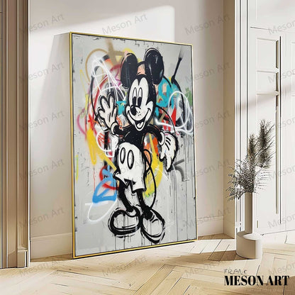 Vibrant Mickey Mouse Abstract Graffiti Oil Painting for Contemporary Home Decor