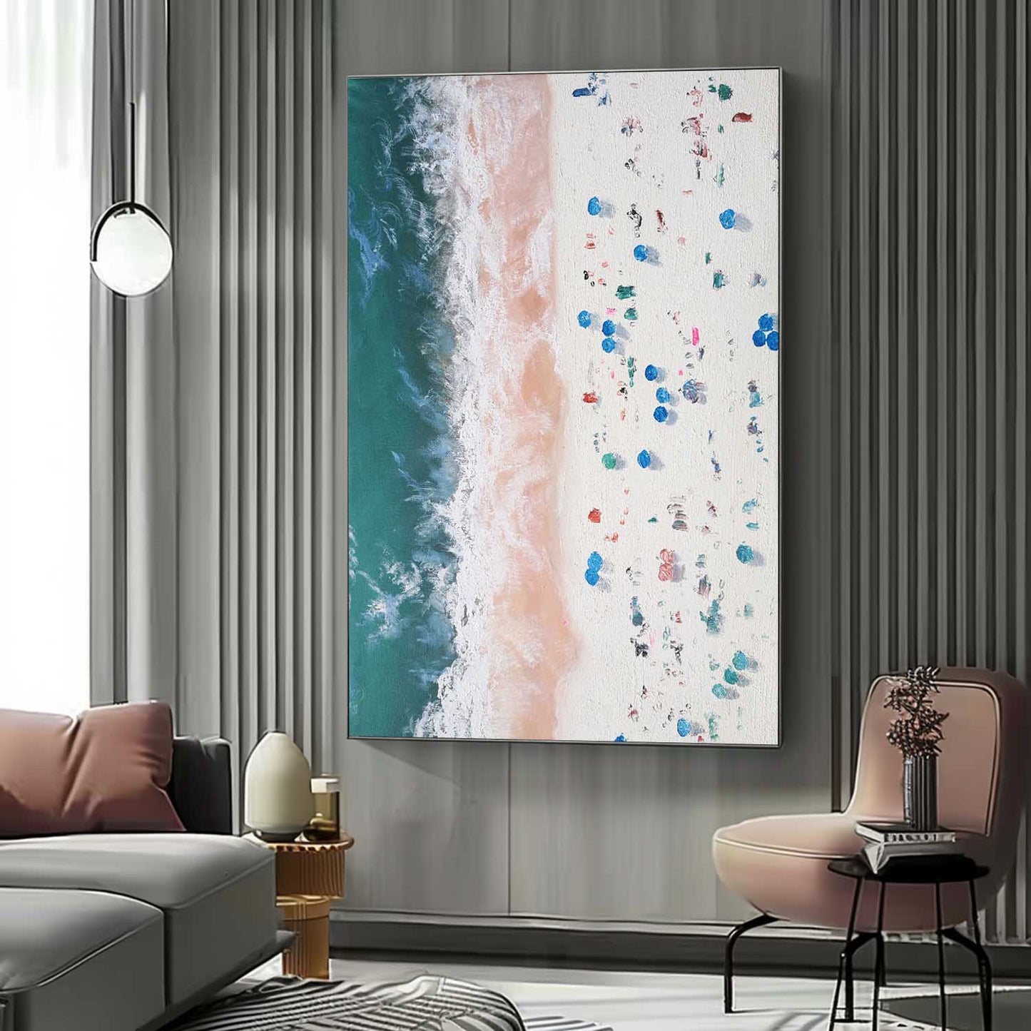 Vibrant Beach Waves Oil Painting with Textured Sand and Bright Colorful Details