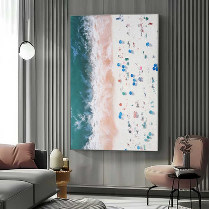 Vibrant Beach Waves Oil Painting with Textured Sand and Bright Colorful Details