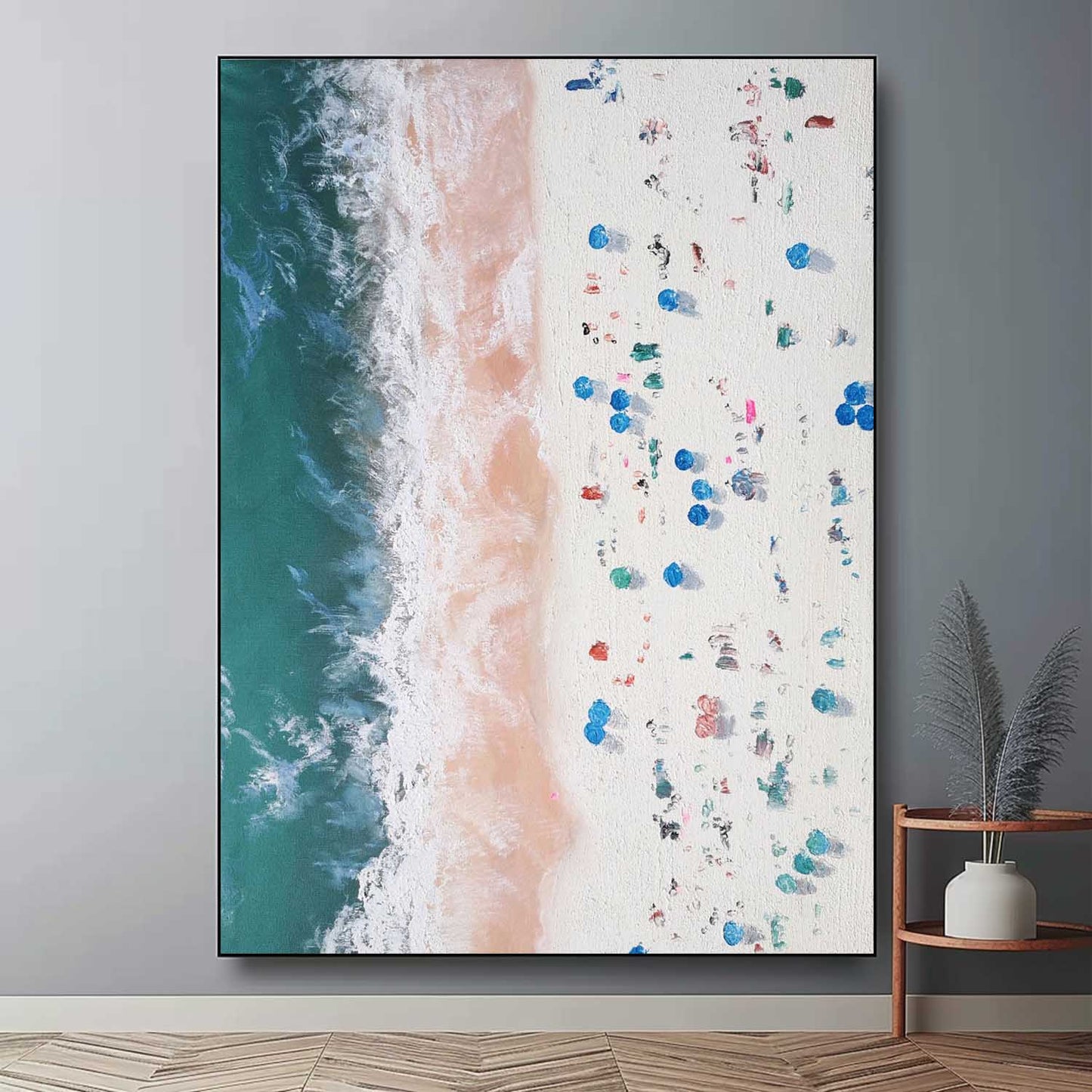 Vibrant Beach Waves Oil Painting with Textured Sand and Bright Colorful Details