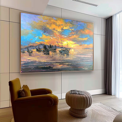 Vibrant Sunset Over Calm Waters with Fishing Boats - Oil Painting