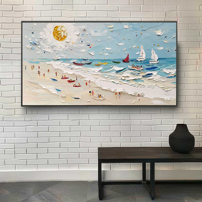 Vibrant Beach Scene Oil Painting with Boats and Sunlit Sky
