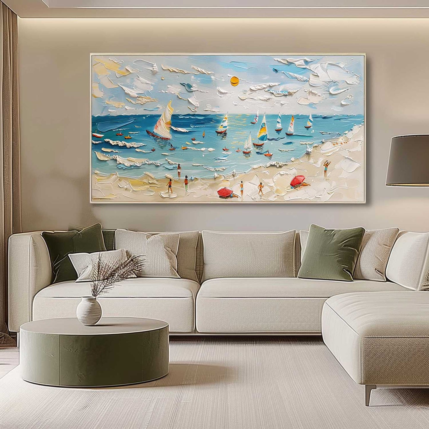 Vibrant Coastal Scene: Sailboats, Beachgoers, and Texture in Oil Painting