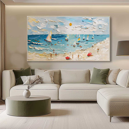Vibrant Coastal Scene: Sailboats, Beachgoers, and Texture in Oil Painting