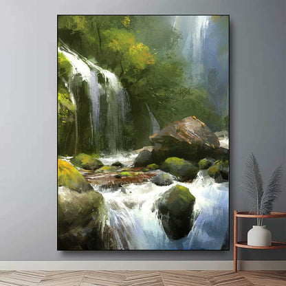Lush Waterfall Landscape Oil Painting - Captivating Nature Art for Home Decor