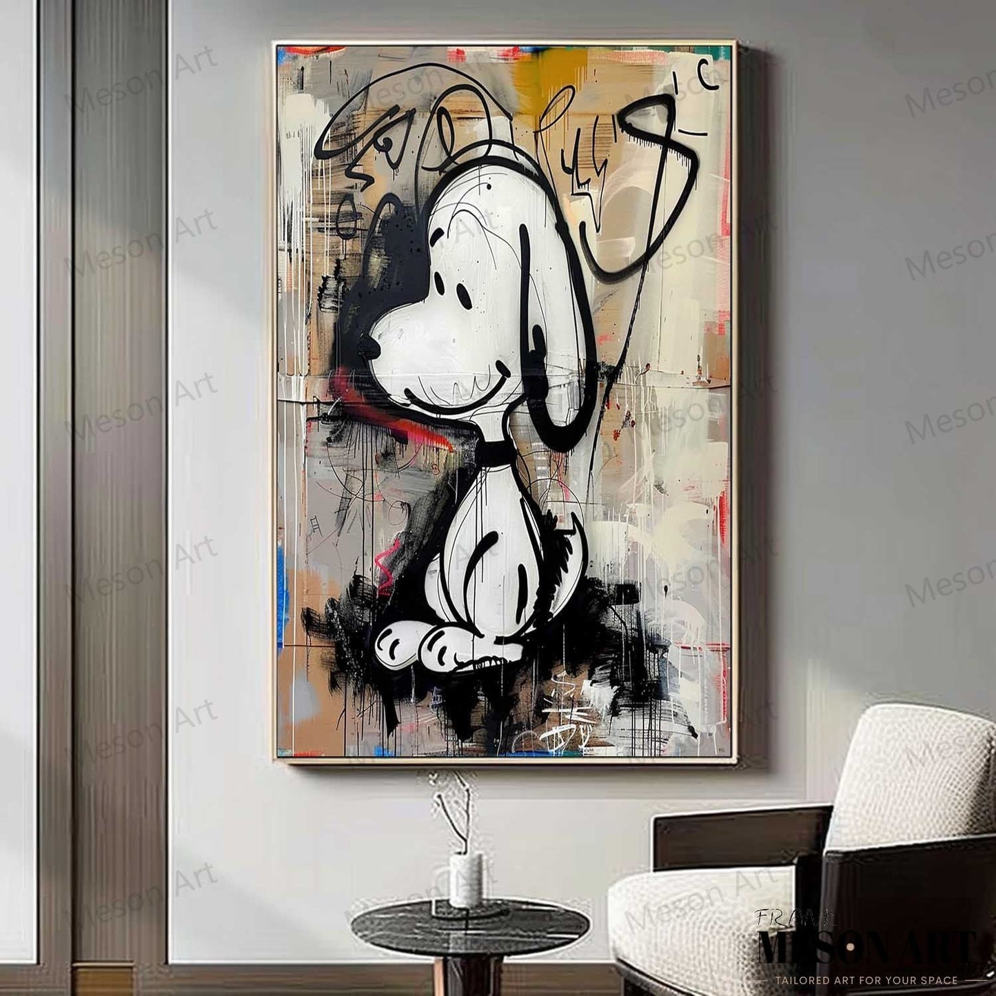 Whimsical Abstract Dog Portrait in Vibrant Graffiti Style Oil Painting