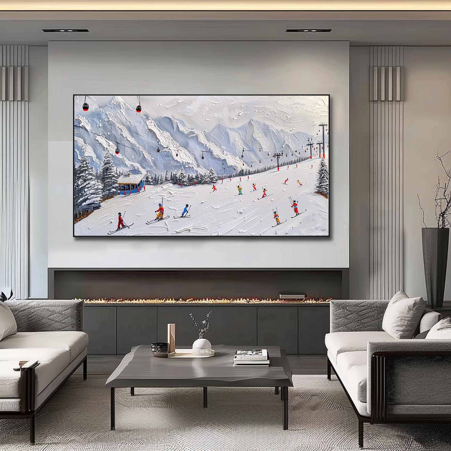 Vibrant Ski Resort Adventure Oil Painting with Textured Snowy Mountains