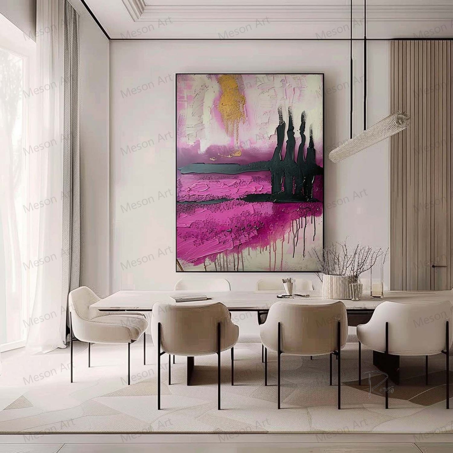 Abstract Pink and Black Oil Painting with Gold Accents for Modern Home Decor