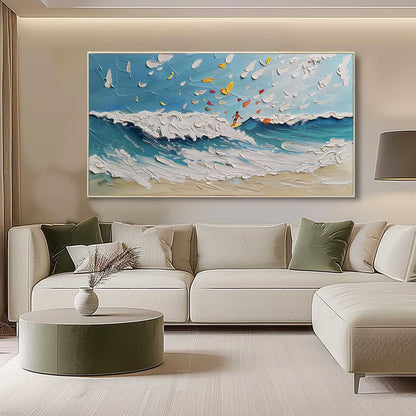 Dynamic Ocean Waves Oil Painting with Surfer and Whimsical Clouds