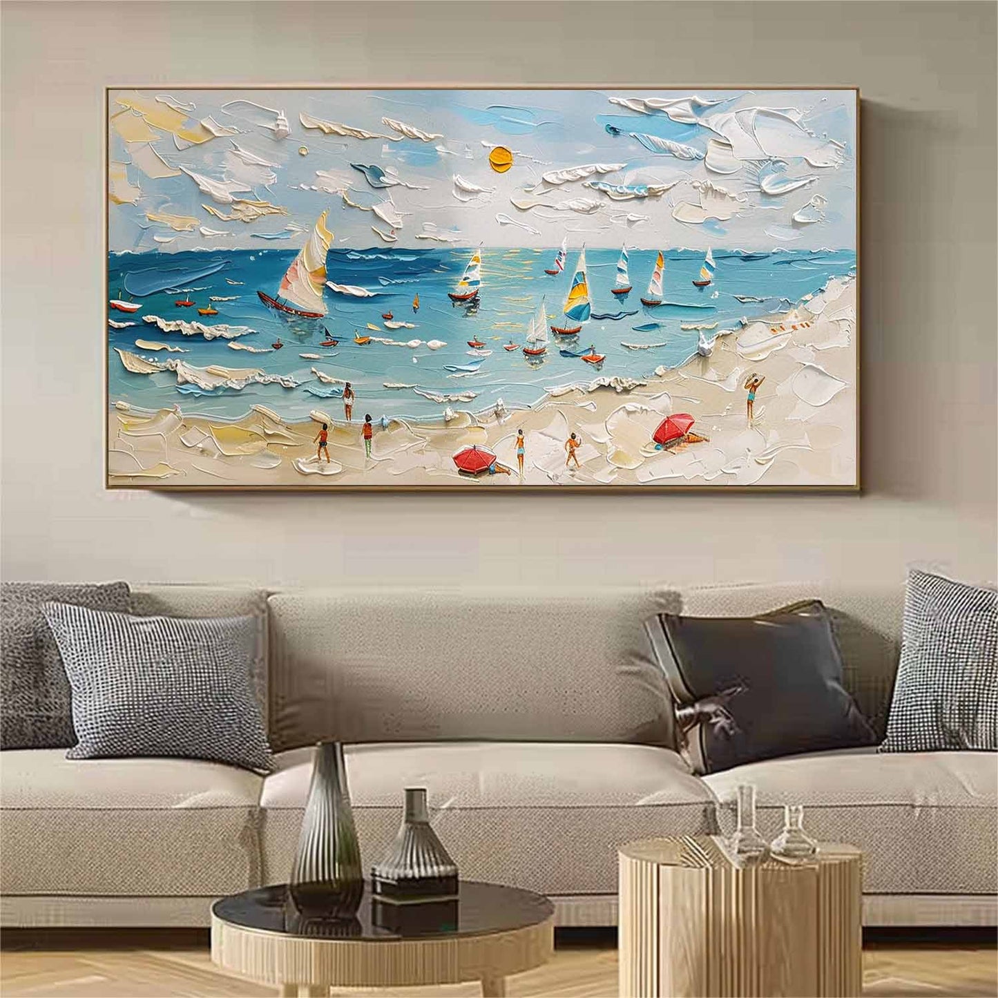 Vibrant Coastal Scene: Sailboats, Beachgoers, and Texture in Oil Painting