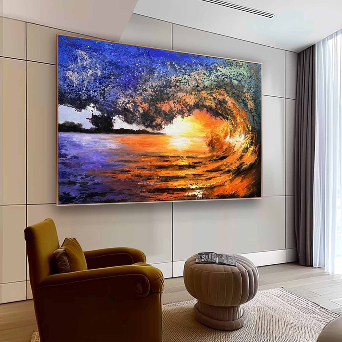 Stunning Sunset Wave - Vibrant Ocean Oil Painting for Home Decor
