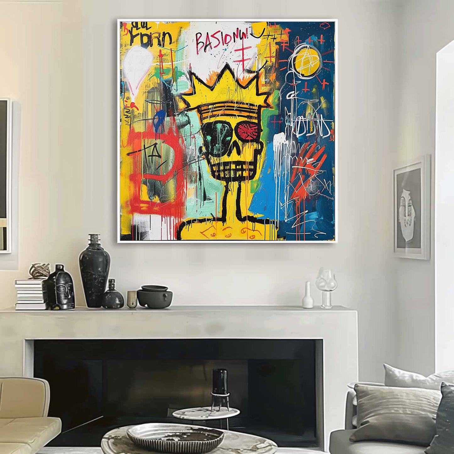 Vibrant Abstract Graffiti Painting with Skull and Crown Motif Perfect for Modern Decor