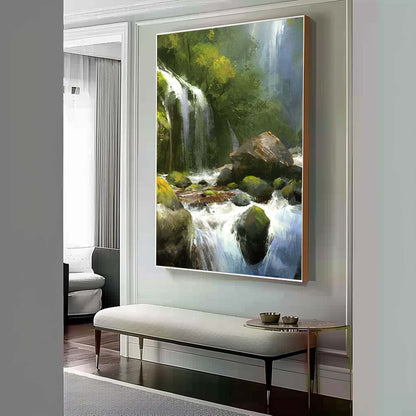Lush Waterfall Landscape Oil Painting - Captivating Nature Art for Home Decor