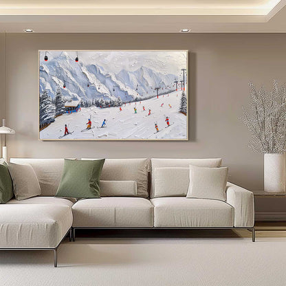 Vibrant Ski Resort Adventure Oil Painting with Textured Snowy Mountains