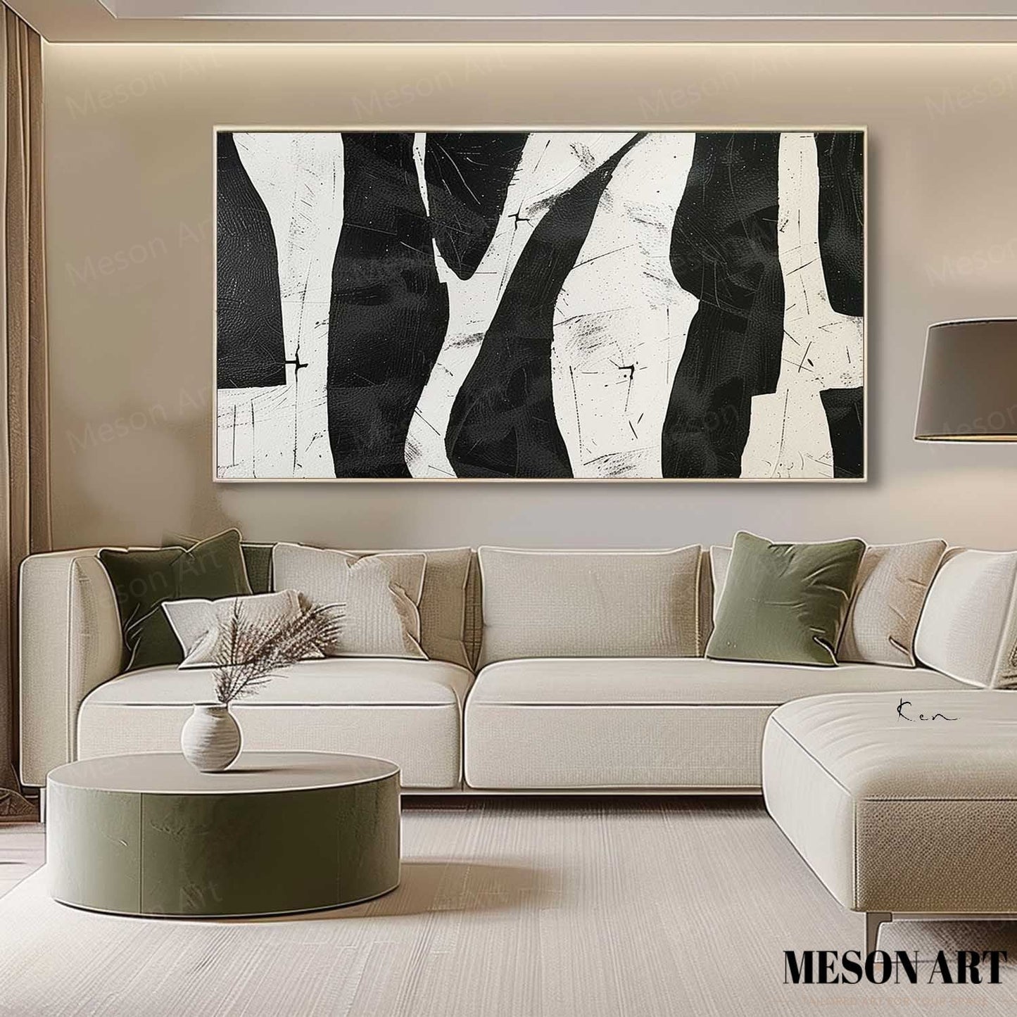 Abstract Black and White Minimalist Oil Painting for Modern Home Decor