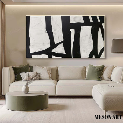 Abstract Black and White Minimalist Oil Painting for Modern Home Decor