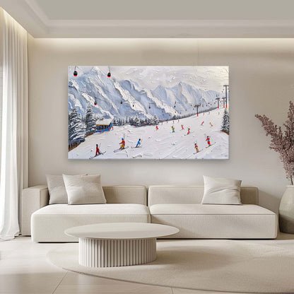 Vibrant Ski Resort Adventure Oil Painting with Textured Snowy Mountains