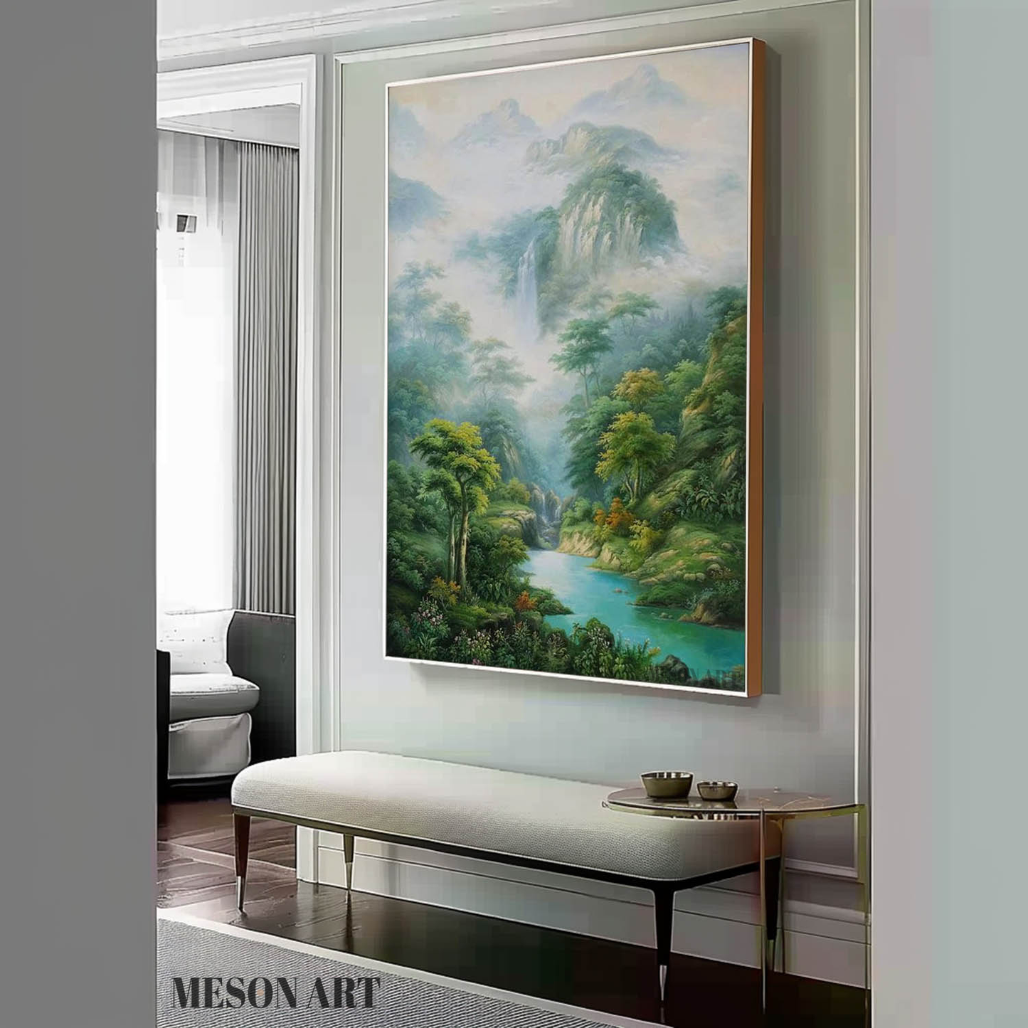 Serene Landscape Oil Painting of Lush Forest and Tranquil Waterfall in Hyperrealistic Style