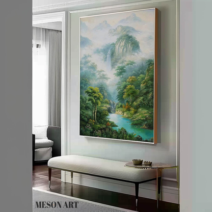 Serene Landscape Oil Painting of Lush Forest and Tranquil Waterfall in Hyperrealistic Style